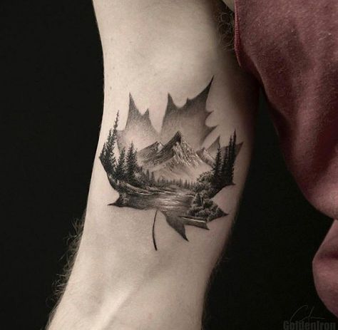 Mountain Inspiration, Tattoo Mountain, Canada Tattoo, Leaf Tattoo, Nature Tattoo, Forest Tattoos, Inspiration Tattoos, Tattoos Geometric, Butterfly Tattoos