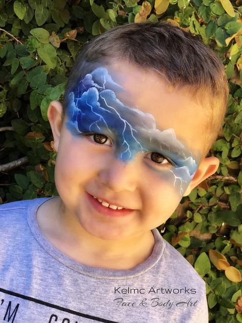 Cloud Face Painting, Lightning Face Paint, Cloud Face Paint, Storm Makeup, Monster Face Painting, Cloud Costume, Storm Lightning, Face Painting For Boys, Doll Face Paint