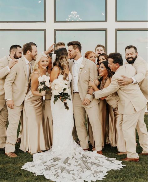 Groom And Groomsmen Attire Beige, Groom In Cream Suit, Beige Wedding Party Groomsmen, Neutral Bridal Party Groomsmen, Cream Tux Wedding, Taupe Groomsmen Suits, Sand Colored Groomsmen, Neutral Wedding Groom, Beige Bridesmaid And Groomsmen