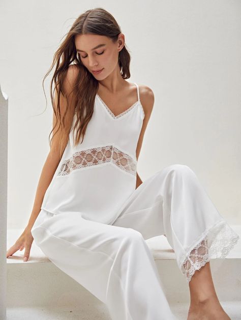 MOTF PREMIUM LACE INSERT CAMI & PANTS PJ SET | SHEIN USA Innovative Fashion Design, Women Nightwear Dresses, Nightwear Fashion, Night Wear Dress, Lace Nightwear, Cotton Nightwear, Sleepwear Women Pajamas, Stylish Loungewear, Cotton Pajamas Women