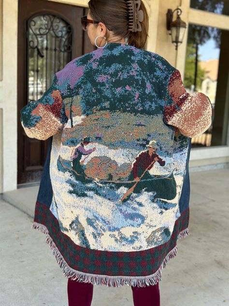 Upcycled Tapestry, Wool Blanket Upcycle, Snow Rose, Boho Blanket, Blanket Coat, Denim Clothing, Canoeing, Upcycled Denim, A Football