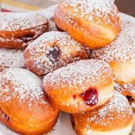 Cherry Jam-Filled Sour Cream Donuts Recipe - (4.3/5) Cream Donut Recipe, Hanukkah Desserts, Sour Cream Donut, Jo Cooks, Cherry Jam, Filled Donuts, Doughnut Recipe, Jewish Recipes, Donut Recipes