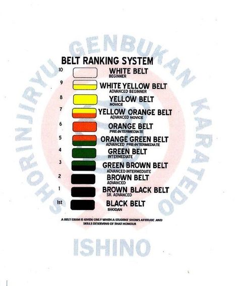 Ishino Shorinjiryu Genbukan Karatedo Karate School, Karate Belt, Yellow Belt, Green Belt, White Belt, Brown Belt, Black Belt, Green And Brown, Karate