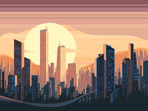 Сity sunrise landscape Retro Postcards, Sunrise City, Landscape City, Sunrise Landscape, Landscaping Inspiration, City Vector, Building Illustration, City Cartoon, New Retro Wave