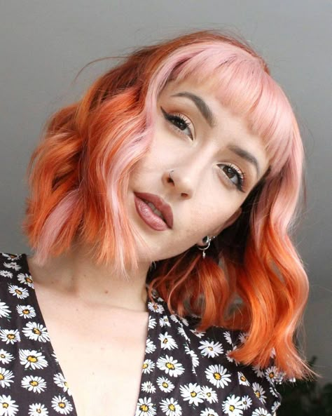 Split Dyed Bob, Blonde Black Highlights, Orange And Pink Hair, Pink Peach Hair, Peach Vibes, Dye Your Hair At Home, Pink And Orange Hair, Clairol Hair Color, Clairol Hair