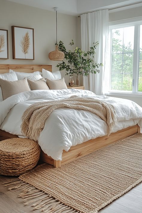 Step into a haven of serenity with white and wood.  Discover 25 white and wood bedroom ideas that embrace natural elements and create a space that feels peaceful and inviting.  Explore the warmth of wood tones paired with the clean simplicity of white to create a truly stunning bedroom retreat. #whitewoodbedrooms #whitewoodbedroom White And Wood Bedroom Ideas, Bedroom Ideas Wood, Peaceful Bedroom Ideas, White And Wood Bedroom, Light Wood Bedroom, Neutral Bedding Ideas, Wood Bedroom Ideas, Bedroom Inspiration Grey, White And Silver Bedroom