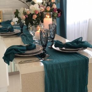 Navy Blue Wedding Centerpieces Gauze Runner Wedding Day | Etsy Blue Cheese Cloth Table Runner, Wedding Decor Neutral, Teal Centerpieces, Dark Teal Weddings, Cheese Cloth Table Runner, Rustic Wedding Table Runners, Teal Blue Weddings, Teal Table, Cloth Table Runner