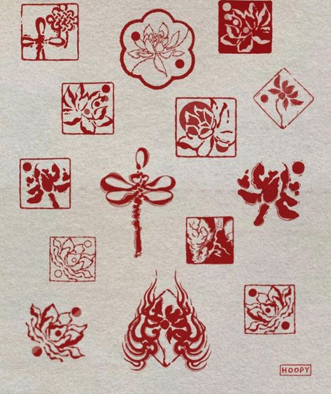 Batik Tattoo Philippines, Chinese Matching Tattoos, Small Red Japanese Tattoo, Flower In A Square Tattoo, Asian Pattern Tattoo, Chinese Aesthetic Tattoo, Peranakan Tattoo, China Inspired Tattoos, Red Ink Tattoo Men