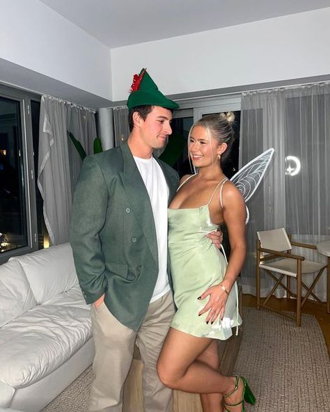 Tinker Ell Halloween Costume, Couple Halloween Costumes Tinkerbell And Peter Pan, Peterman And Tinkerbell Costume, Peter Pan Wendy And Tinkerbell Costumes, Tinker Bell Peter Pan Costumes, Peter Pan And Captain Hook Costumes, Tinker Bell Halloween Costume College, Tinker Bell Family Costume, College Halloween Costume Couples