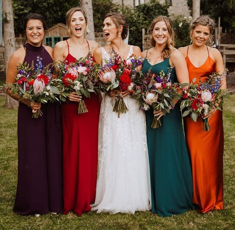 Jewel Tones Bridesmaids, Unique Bridal Party Colors, Bridesmaid Dresses All Different Colors, Multicolor Bridesmaid Dresses Summer, Jewel Bridesmaid Dresses, Jewel Tone Bridesmaid Dresses Summer, Multicolor Bridesmaids, Jewel Toned Bridesmaid Dresses, Multi Color Bridesmaid Dresses