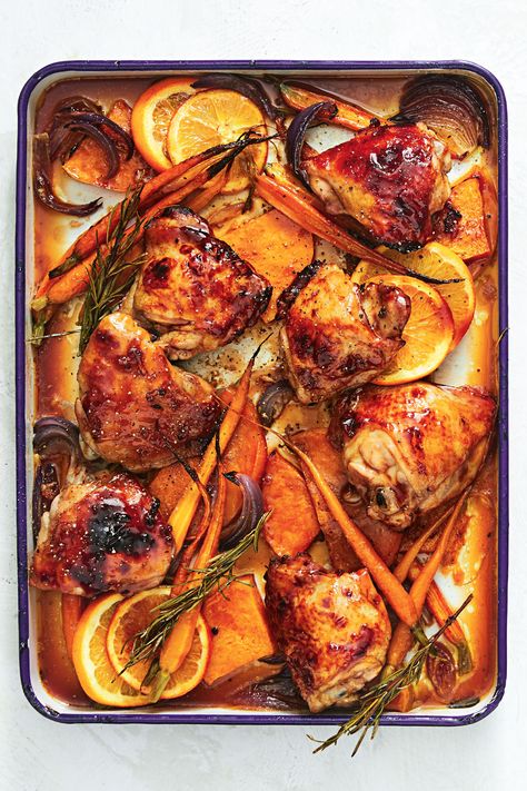 Using chicken thigh cutlets, which are bone-in, makes this tray bake extra juicy even after being baked. The flavours of the chicken, orange and honey all mingle together to create a wonderfully rich, saucy dish - minimal effort required. #honeychicken Chicken Thigh Tray Bake, Chicken Thigh Tray Bake Recipes, Chicken Thigh Cutlets, Chicken Thigh Cutlets Recipe, Chicken Thigh Cutlet Recipes, Chicken Thigh Fillet Recipes, Tray Meals, Chicken Tray Bake Recipes, Chicken Orange