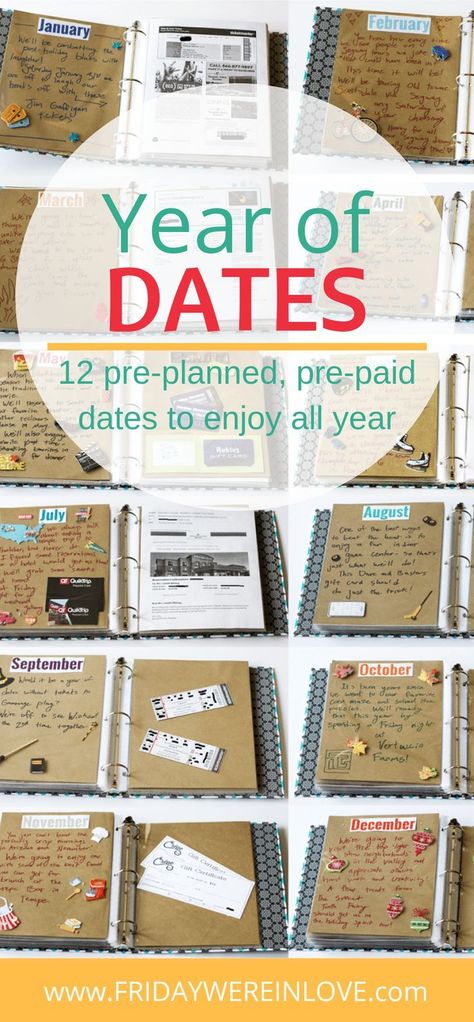 Year of Dates Gift: Gift 12 pre-paid, pre-planned date nights to enjoy all year long! This ultimate husband gift idea (or boyfriend gift idea) is always a hit! They've included hundreds of date ideas to make planning and gifting 12 months of dates so easy!  #dateideas #yearofdates #12monthsofdates #husbandgift #fridaywereinlove Year Of Dates Gift, 12 Months Of Dates, Unique Date Ideas, Date Night Gifts, Creative Dates, Cute Date Ideas, Romantic Date Ideas, Year Of Dates, Cadeau Diy