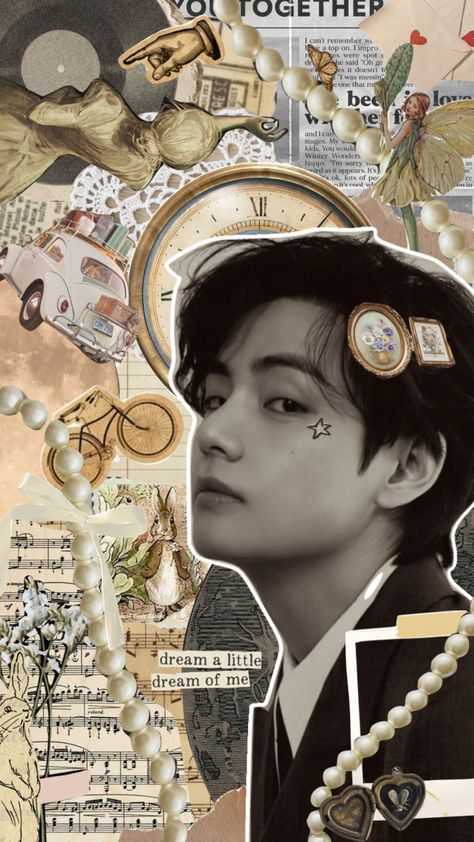 Kim Taehyung Collage Aesthetic, Vintage Aesthetic Taehyung, V Collage Wallpaper, Taehyung Collage, Sampul Binder, V Collage, Bts Collage, Aesthetic Taehyung, V Smile