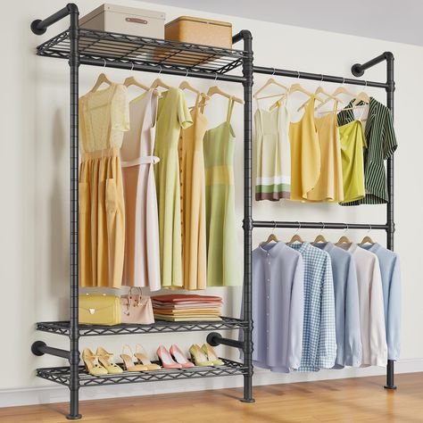 PRICES MAY VARY. ✔️ Industrial Pipe Style -- Modular closet systems consist of retro vintage industrial pipe clothing rack with 3 closet shelves, 3 closet rods (include 2 expandable hanging rods) and its modern simple look. Our Timate all models are multi-type installation modular closet, you can perfectly DIY install it into I shape or L shape or combine more sets on you needs. ✔️ Expand Storage Space -- This garment rack on wall for better utilizing wall space, and what more the wall mounted c Adjustable Closet Shelving, Wall Clothing Rack, Mounted Clothing Rack, Wall Hangers For Clothes, Wall Mounted Closet, Steel Closet, Industrial Closet, Wall Mounted Clothing Rack, Pipe Clothes Rack