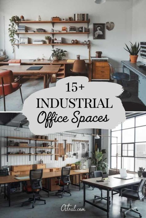 Downtown Office Aesthetic, Garage Office Ideas Layout, Creative Agency Office, Engineering Office, Military Office, Industrial Office Space, Industrial Studio, Industrial Loft Design, Loft Designs