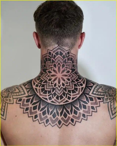 Men's Chest Tattoo Ideas, Butterfly Tattoo Minimalist, Mandala Tattoo Neck, Tattoo Women Back, Mandala Chest Tattoo, Hand Tattoo Butterfly, Geometric Tattoo Neck, Back Of Neck Tattoo Men, Designer Tattoo Ideas