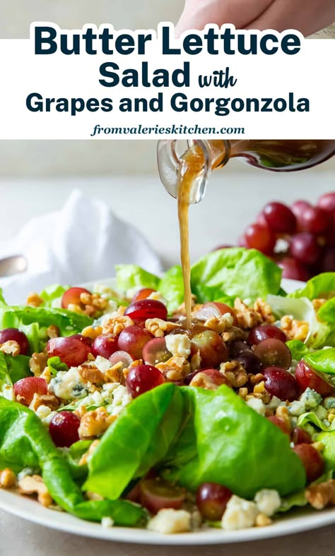 This easy Butter Lettuce Salad with Grapes and Gorgonzola is topped with toasted walnuts and a sweet and tangy balsamic vinaigrette. Special enough for a holiday menu but quick and easy enough to make any night of the week! Private Chef Business, Butter Lettuce Salad, Lettuce Salads, Apple Brie, Gorgonzola Salad, Salad With Grapes, Lettuce Salad Recipes, Lettuce Recipes, Salad With Balsamic Dressing