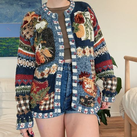 ⭐️ SOLD ⭐️ Vintage Tiara hand knit farm harvest cardigan Size L $45 Comment “I want it” or dm me if you would like to buy this cardigan 💙 Grandma Cardigan Outfit, Whimsigoth Cardigan, Harvest Cardigan, Farm Harvest, Grandma Cardigan, Vintage Tiara, Cardigan Outfit, Cardigan Outfits, Vintage Cardigan