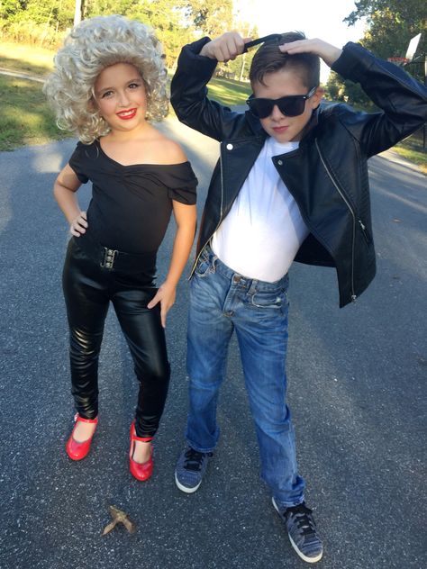 Grease costume! Grease Costumes For Kids, Grease Costumes Diy, Kids 50s Costume, Grease Couple Costumes, Sandy Grease Costume, Sock Hop Outfits, Grease Halloween Costumes, Sock Hop Costumes, Grease Outfits