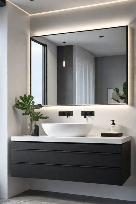 Floating black bathroom vanity with minimalist design Bathroom Floating Vanity, Floating Vanity Bathroom, Black Modern Bathroom, Black Cabinets Bathroom, Minimalist Vanity, Black Vanity Bathroom, Bathroom Retreat, Best Bathroom Vanities, Contemporary Vanity