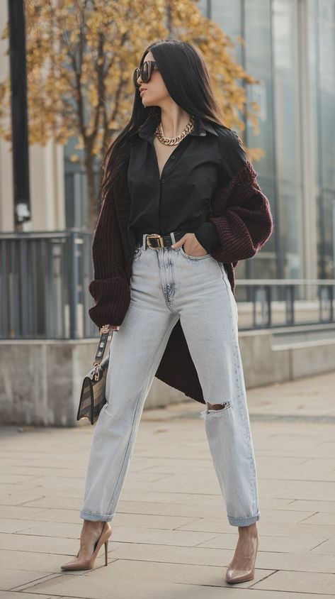 Embrace the cooler weather with a trendy outfit that blends comfort and style! Light, slightly distressed jeans paired with a sleek black shirt provide a chic base, while an oversized dark red sweater adds warmth and flair. Nude high heels elevate the look, and stylish sunglasses complete this perfect autumn ensemble! #fallfashiontrends #fallfashion #autumnfashion #fashioninspo #outfitideas #outfitinspo # Heels With Jeans Outfit, Changing Your Style, Dark Red Sweater, Jeans Heels Outfit, Holiday Party Outfits, Nude High Heels, Jeans With Heels, Heels Outfits, Winter Jeans