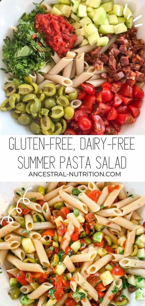 Pasta Salad Dairy Free, Salad Dairy Free, Dairy Free Dinner Ideas, Dinner Ideas Summer, Gluten Free Pasta Salad, Dairy Free Salads, Ancestral Nutrition, Dairy Free Recipe, Dairy Free Recipes Dinner