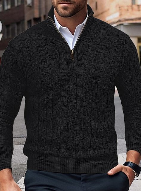 Men Pullover Outfit, Zipper Sweater Outfits Men, Sweater With Zipper, Sweater Zipper, Men’s Quarter Zip Outfit, Men Quarter Zip Sweater Outfit, Black Quarter Zip Outfit Men, Zipper Sweater, Men Sweater Outfit