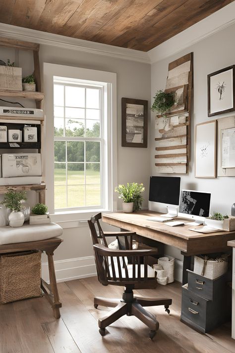 Adding a touch of rustic charm to your workspace! Using a variety of woods, textures and earthy tones to create a fresh, farmhouse-style office decor. Say hello to your invigorating work sanctuary! 🌳🖥️🚜 #FarmhouseOffice #OfficeDecor Country Chic Office, Farmhouse Study Office, Home Office Country Style, Country Office Ideas, Farmhouse Study, Small Farmhouse Office Ideas, Farmhouse Office Decor Work Spaces, Cottage Home Office, Country Office Decor