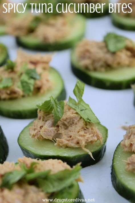 Spicy Tuna Cucumber Bites Recipe | Drugstore Divas Garden Cucumbers, Tuna Cucumber, Tuna Fish Sandwich, Sushi Grade Tuna, Raw Tuna, Tuna Cakes, Cucumber Bites, Fish Sandwich, Spicy Tuna