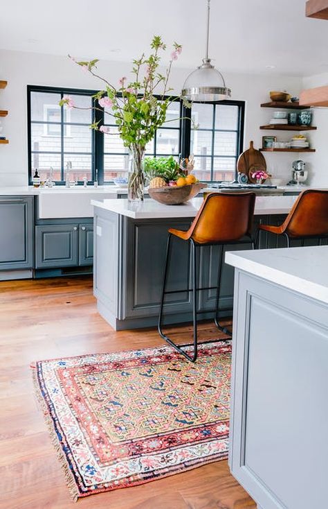 Home Sweet Home: Simple Ways to Make Your Kitchen Cozier | Apartment Therapy Leather Barstools, Gray Cabinets, Cabinet Color, Happy Kitchen, Classic Kitchen, Black Windows, Bohol, Leather Bar, Beautiful Kitchen