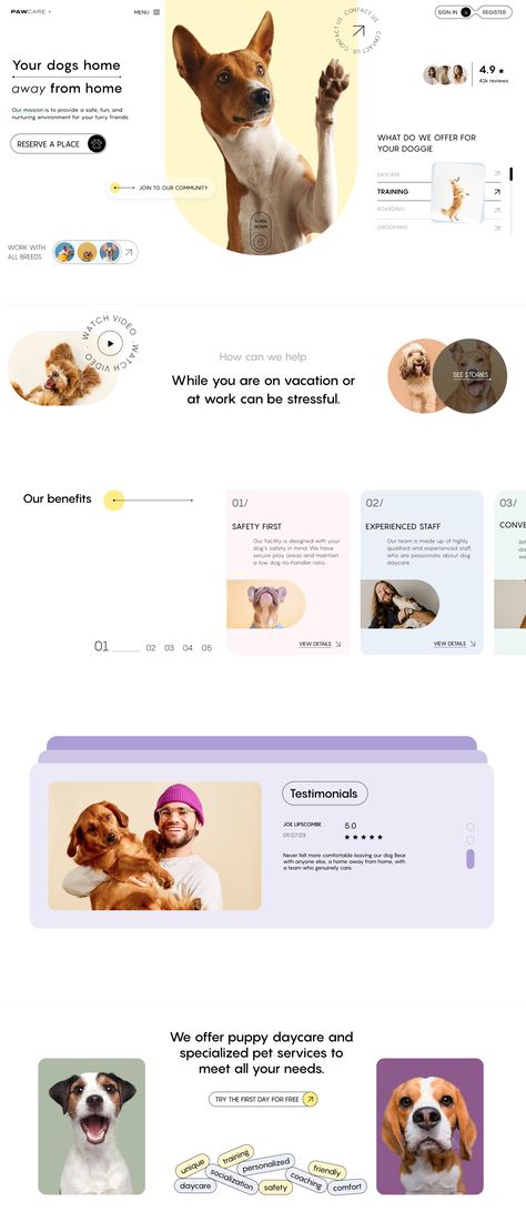 Pet Service Website by Sam Halpert for Awsmd on Dribbble Our Work Website Design, Dog Website Design Inspiration, Pet Care Website Design, Dog Grooming Website, Pet Website Design Inspiration, Dog Website Design, Vet Website, Pet Website Design, Pet Websites