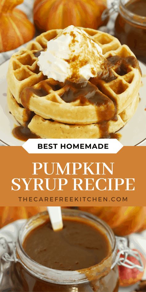 This easy homemade Pumpkin Spice Syrup brings the flavors of fall right into your very own kitchen. Made with pumpkin puree, brown sugar simple syrup and pumpkin pie spices, this seasonal syrup tastes great served over pancakes, added to coffee or cocktails or even spooned over ice cream. Pumpkin Syrup Recipe, Pumpkin Spice Syrup Recipe, Homemade Pumpkin Spice Syrup, Pumpkin Pie Syrup, Pumpkin Spice Pecans, Brown Sugar Simple Syrup, Pumpkin Spice Pancakes, Pumpkin Syrup, Fall Baking Recipes