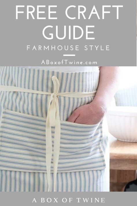 Grab this guide to farmhouse style crafts! It lists seasonal sewing, knitting, and crochet projects loaded with farmhouse style. Get some yarn and ticking stripe fabric handy, then start crafting! #farmhousestyle #seasonalcrafts #craftguide Half Aprons, Apron Sewing, Japanese Apron, Toddler Apron, Farmhouse Apron, Apron Pattern, Apron Sewing Pattern, Retro Apron, Sewing Aprons