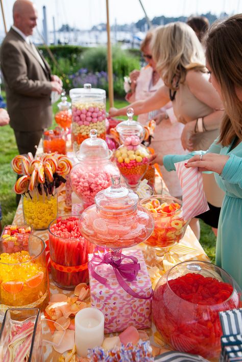 Pink. yellow. orange. Sweet Lisa's Exquisite Cakes. Photography: IRIS Photography - photoiris.com  Read More: http://www.stylemepretty.com/connecticut-weddings/greenwich/2013/12/03/seaside-greenwich-connecticut-wedding-from-iris-photography/ Pink And Orange Candy Bar, Candy Themed Wedding, Colorful Wedding Dessert Table, Candy Theme Wedding, Candy At Wedding, Candy Bar Ideas For Parties, Candy Table Ideas Wedding, Orange Candy Bar, Wedding Candy Bar Ideas