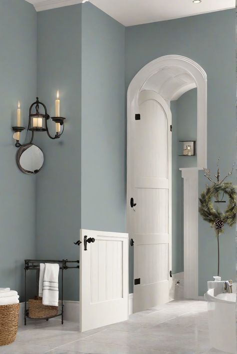 home decorating, home interior design, interior bedroom design, kitchen designs One Wall Painted Bathroom, Small Bathroom Paint Colors 2024, Small Bathroom Paint Colors, Bathroom Wall Colors, Small Bathroom Paint, Blue Gray Paint Colors, Painted Bathroom, Black Accent Walls, Blue Gray Paint