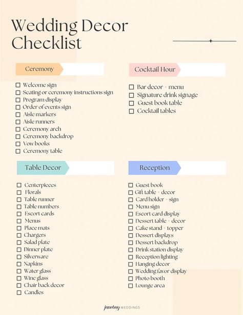 Use This Wedding Decor Checklist to Help You Nail Every Detail | Junebug Weddings Wedding Supply Checklist, Ceremony Extras Checklist, Wedding Design Checklist, Wedding Day Decor Checklist, Signage Checklist For Wedding, Wedding To Buy Checklist, Wedding Checklist To Buy, Essential Wedding Decorations, Wedding Decor Inventory List