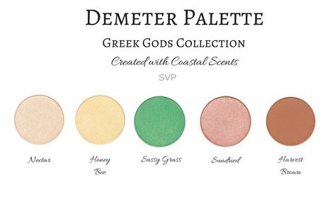 Palette inspired by Greek Goddess Demeter Mythology Olympian Created with Coastal Scents Eyeshadow Greek Goddess Color Palette, Greek God Color Palette, Percy Jackson Color Palette, Greek Mythology Color Palette, Demeter Goddess Aesthetic, Demeter Makeup, Greek Mythology Makeup, Demeter Aesthetic, Greek Goddess Demeter