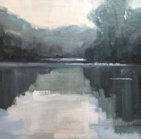 Quiet Reprieve by Sherrie Russ Levine, Oil, 12 x 12 Reflection Painting, Painting Water, Scenery Paintings, Water Reflections, Water Art, Mountain Paintings, Abstract Landscape Painting, Water Painting, Felt Art