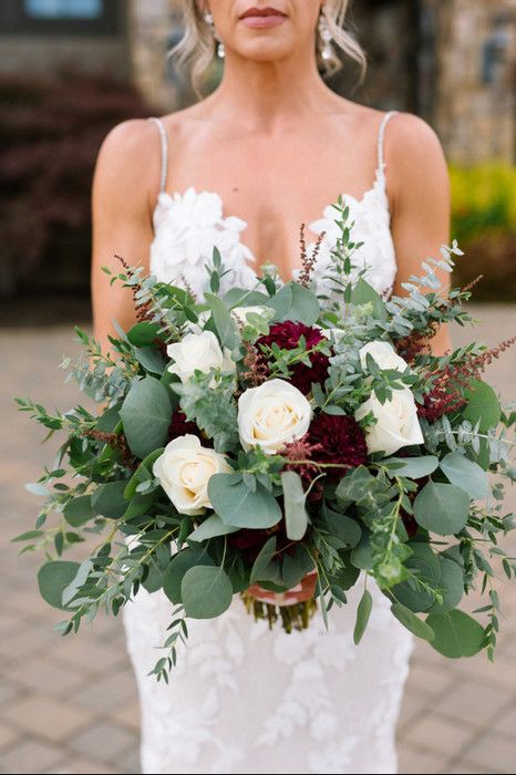 Fall and winter wedding bouquet featuring burgandy and white cream roses, carnations, and greenery. White Green And Burgundy Wedding Flowers, Burgundy Cream And Green Wedding, Wedding Bouquet Burgundy And White, Fall New England Wedding, Bouquet Carnation, Carnation Bridal Bouquet, Carnation Wedding Bouquet, Carnation Wedding Flowers, Green And Burgundy Wedding