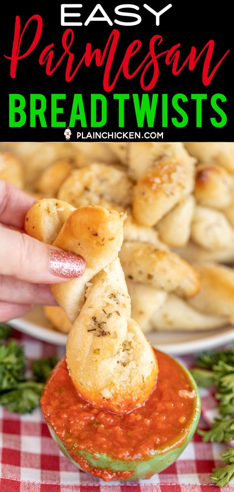 Easy Parmesan Bread Twists - made with refrigerated pizza dough! Tastes just like Domino's Parmesan Bread Twists! YUM! Only 5 ingredients - pizza dough, butter, garlic salt, parmesan cheese, and oregano. Ready to eat in about 15 minutes! Great with pizza, pasta, or just about anything! #breadsticks #bread #parmesan #pizza Plain Chicken Recipe, Freeze Pizza Dough, Pizza Twists, Bread Twists, Parmesan Pizza, Refrigerated Pizza Dough, Parmesan Bread, Bread Sticks Recipe, Frozen Bread Dough