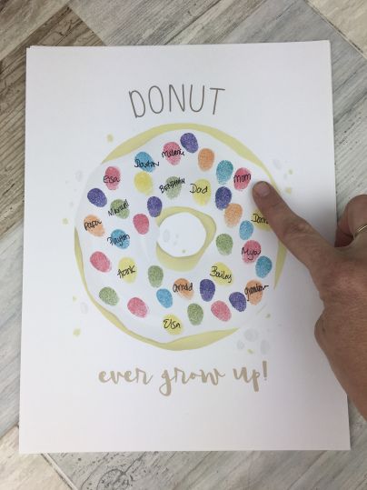 Fingerprint donut for a birthday party or baby shower, fingerprint tree, baby shower sprinkle Donut Theme Birthday Party, Donut Birthday Party Decorations, Donut Theme Party, Donut Themed Birthday Party, Thumbprint Tree, Grown Up Parties, Birthday Donuts, Sprinkle Shower, Donut Birthday Parties