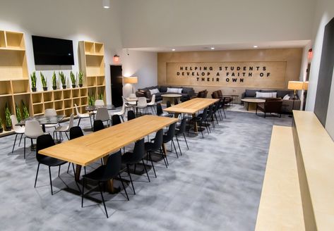 Athens Church — kristin butler design Sunday School Room Design, Church Interior Design Modern, Youth Group Room Ideas, Youth Group Room Design, Church Youth Room Ideas, Youth Room Ideas Church, Modern Classroom Design, Multipurpose Room Design, Modern Church Interior