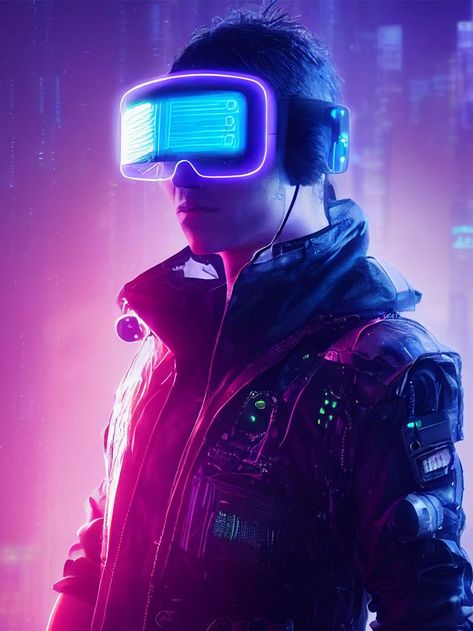 Brutal man in cyberpunk style with headphones and neon glasses. Cyberpunk Photoshoot, Cyberpunk Glasses, Neon Glasses, Cyberpunk Men, Cyberpunk Tech, Technology Design Graphic, Gamer Fashion, Digital Visual Effect, Light And Darkness