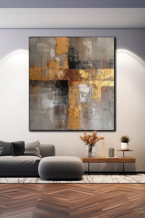 Original handmade abstract painting with gold and grey tones, featuring bold brushstrokes and modern geometric shapes on textured canvas Modern Color Palette, Handmade Wall Art, Abstract Wall, Abstract Wall Art, Unique Style, Color Palette, Original Paintings, Abstract Art, The Originals