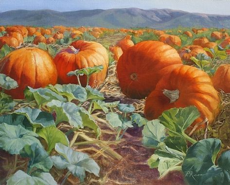 pumpkin landscape warm and cool colors used...neutral colors can be used for the mountains. Pumpkin Landscape, Farm Scene Painting, Pumpkin Paintings, Pumpkin Field, Glow Pumpkin, Scene Painting, Pumpkin Patches, Warm And Cool Colors, Cabbages