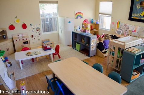 Come take a peek inside my in home preschool. We designated a living room of our house to be our exclusive homeschool and preschool room. Preschool Inspirations In Home Preschool, In Home Daycare Ideas, Home Daycare Rooms, Daycare Room Ideas, Preschool Set Up, Preschool Classroom Setup, Daycare Setup, Daycare Spaces, Home Daycare Ideas