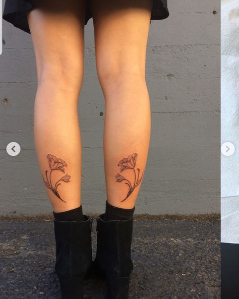 Lady Leg Tattoo, Symmetrical Elbow Tattoo, Inside Of Leg Tattoo, Cool Shin Tattoos, Matching Above Knee Tattoo, Plantasia Tattoo, Dainty Calf Tattoos For Women, Mexican Tattoos Traditional, Symmetrical Calf Tattoo