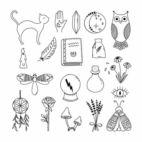 Witchy Doodles Simple, Witchy Logos, Diy Grimoire, Witchy Doodles, Tattoo Fillers, Magic Doodle, Symbol Drawing, Tattoo Filler, Tattoo Flash Sheet