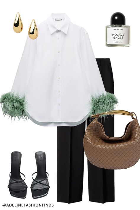 White blouse with green feathers, black trousers, black highheels, byredo parfume and golden earrings
#outfit #moda #luxuryaccessoires #dailystyle #fashionista  #waystostyle #effortlesslychic #outfitinspiration #herbst
#casualweekendstyle #ootdinspo #outfitoftheday #autumnstyle #byredo #bottegaveneta
#fashionblogger #highstreetfashion #outfitideasforyou  #newcollection
#dailyoutfitinspo #casualsmart #zara Feather Shirt Outfit, Blouse With Feathers, Feather Outfit, Feather Shoes, Grey Knitwear, Casual Weekend Style, Green Feathers, Glam Outfit, Feminine Outfit