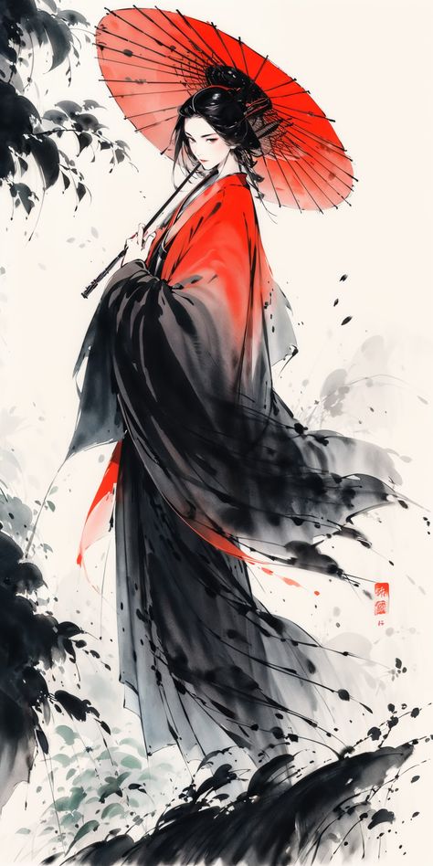 Kitsune Painting, Samurai Artwork Japanese Art, Chinese Art Wallpaper, Chinese Woman Art, Geisha Wallpaper, Wuxia Art, Geisha Artwork, Alternative Reality, Chinese Umbrella